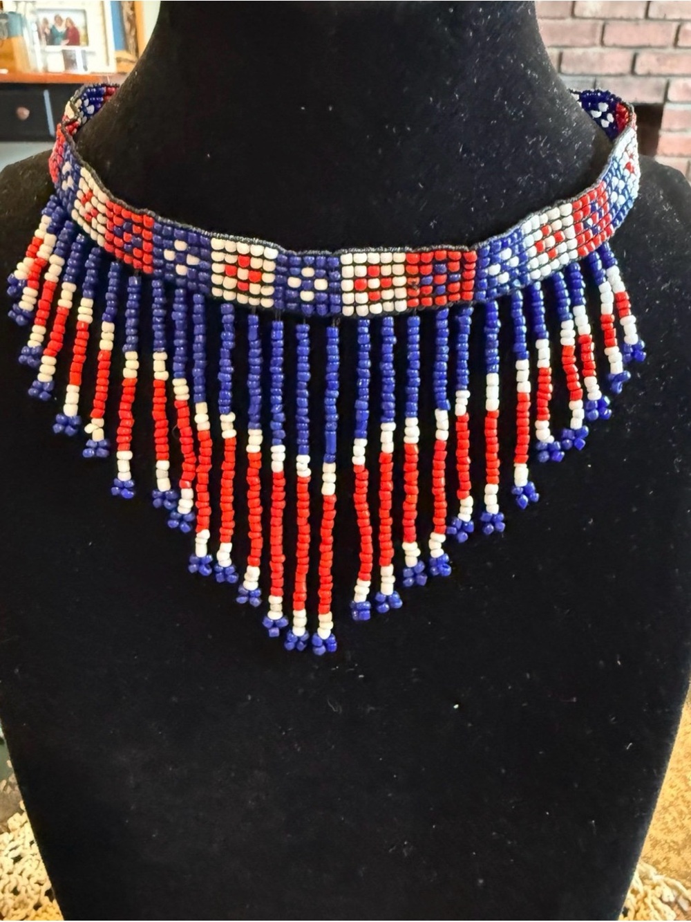 Handmade Red, White & Blue Seed Bead Fringe Necklace